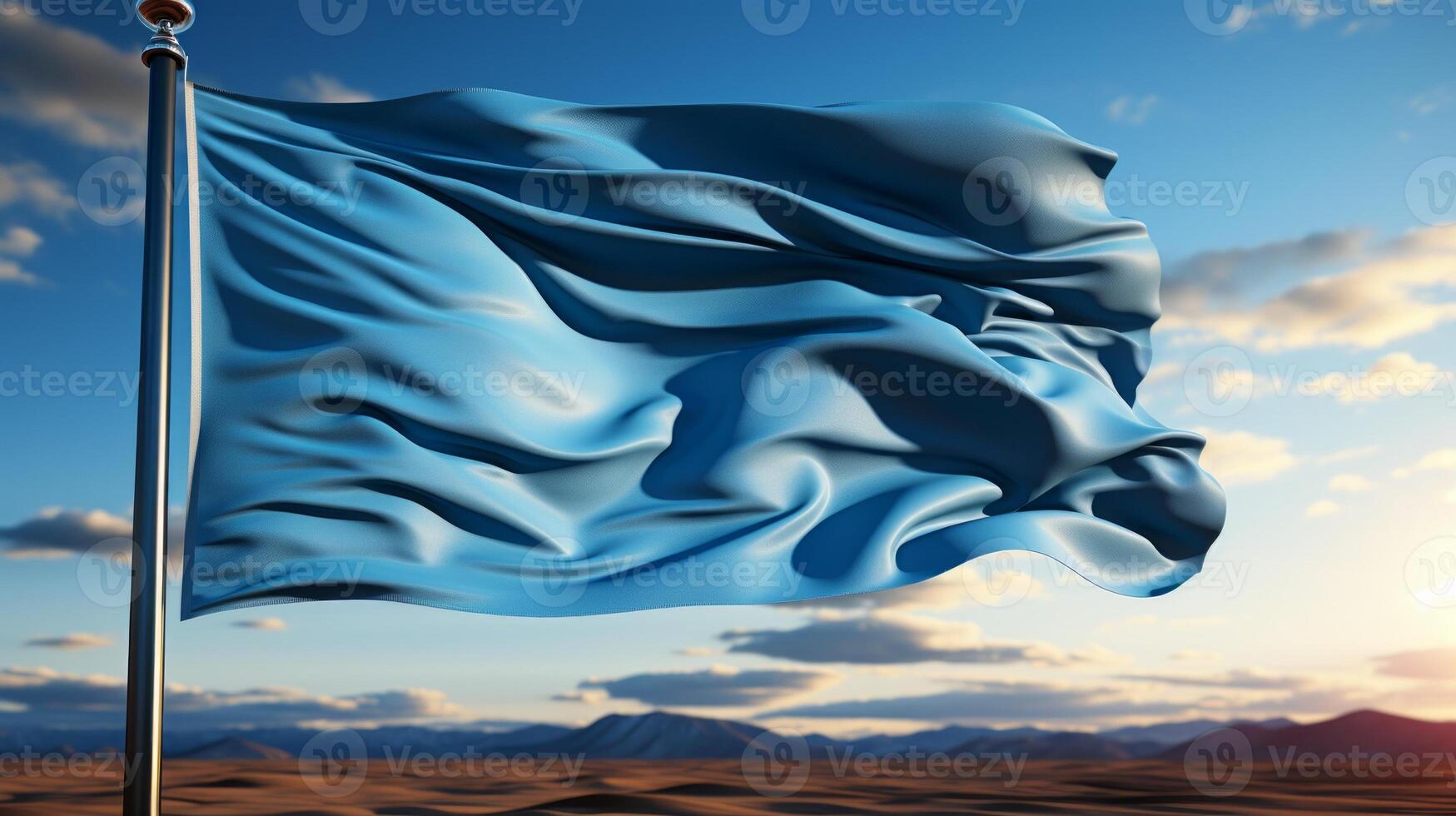 AI generated 3d rendering of a blue flag waving in the wind against a cloudy sky photo