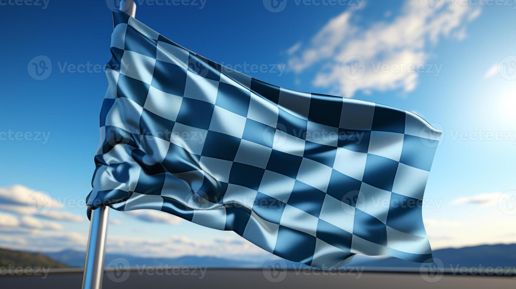 AI generated Race flag waving in the wind over asphalt road with cloudy sky background photo