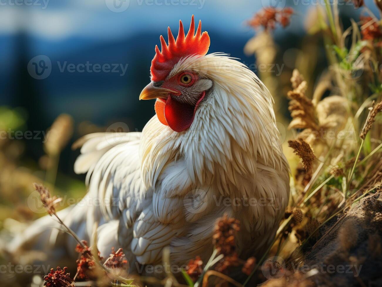 AI generated Chicken in the meadow on a background of wildflowers photo