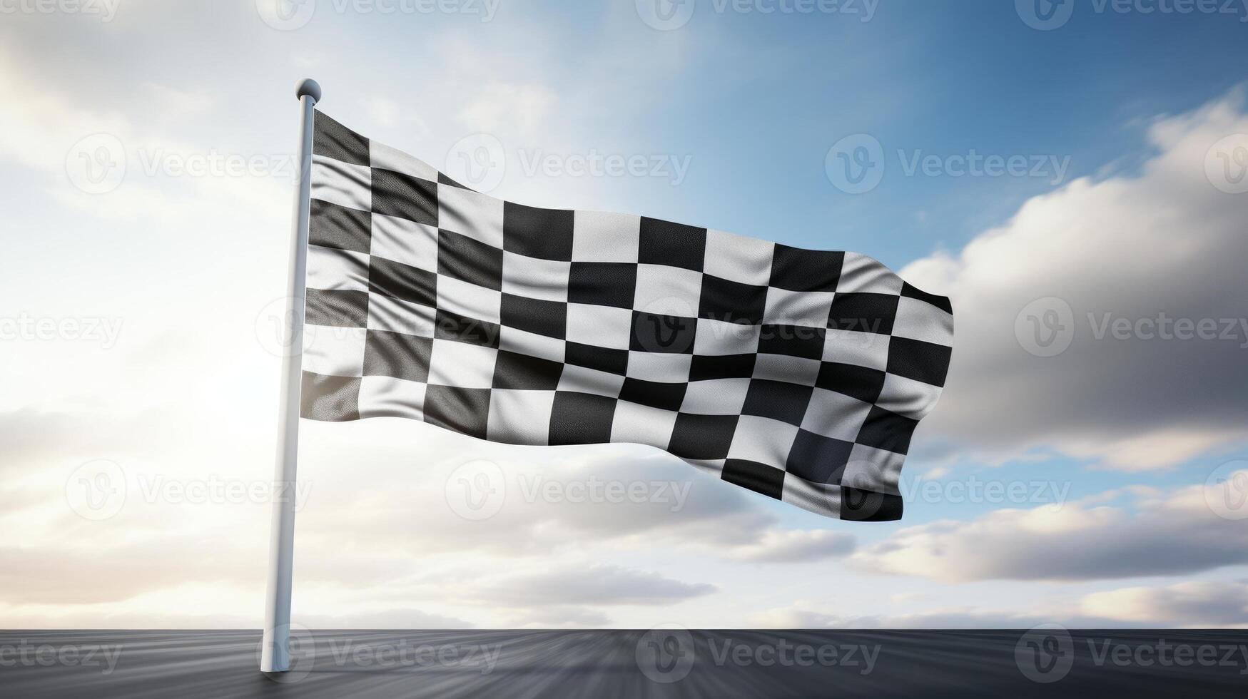 AI generated Race flag waving in the wind over asphalt road with cloudy sky background photo