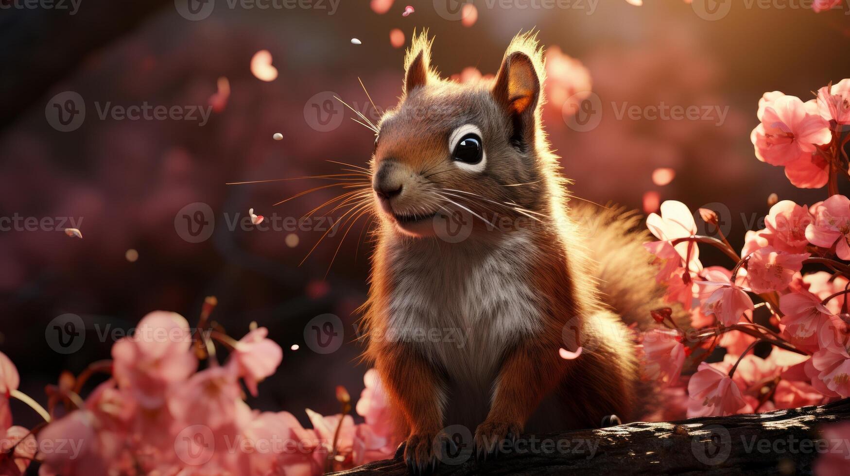 AI generated Red squirrel sitting on a log in the forest photo
