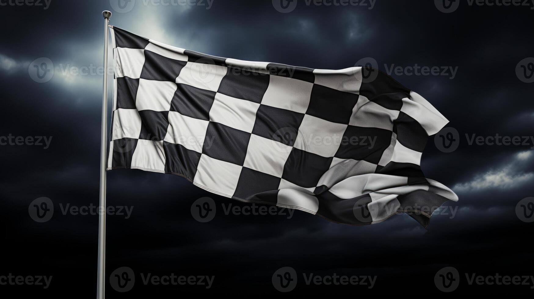 AI generated Race flag waving in the wind over asphalt road with cloudy sky background photo