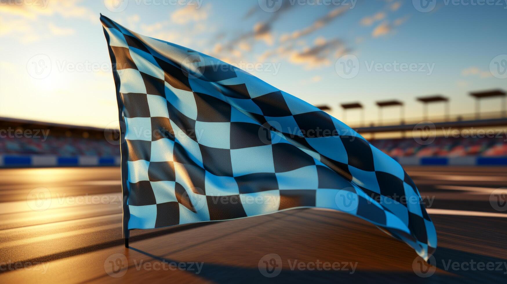 AI generated Race flag waving in the wind over asphalt road with cloudy sky background photo