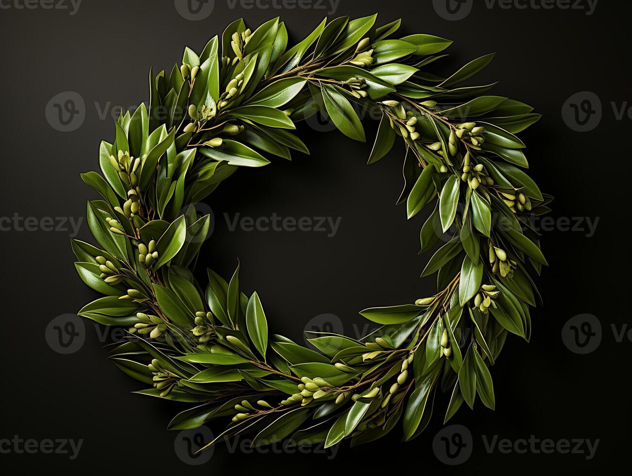 AI generated Nature wreath with green leaves and olives on black background photo