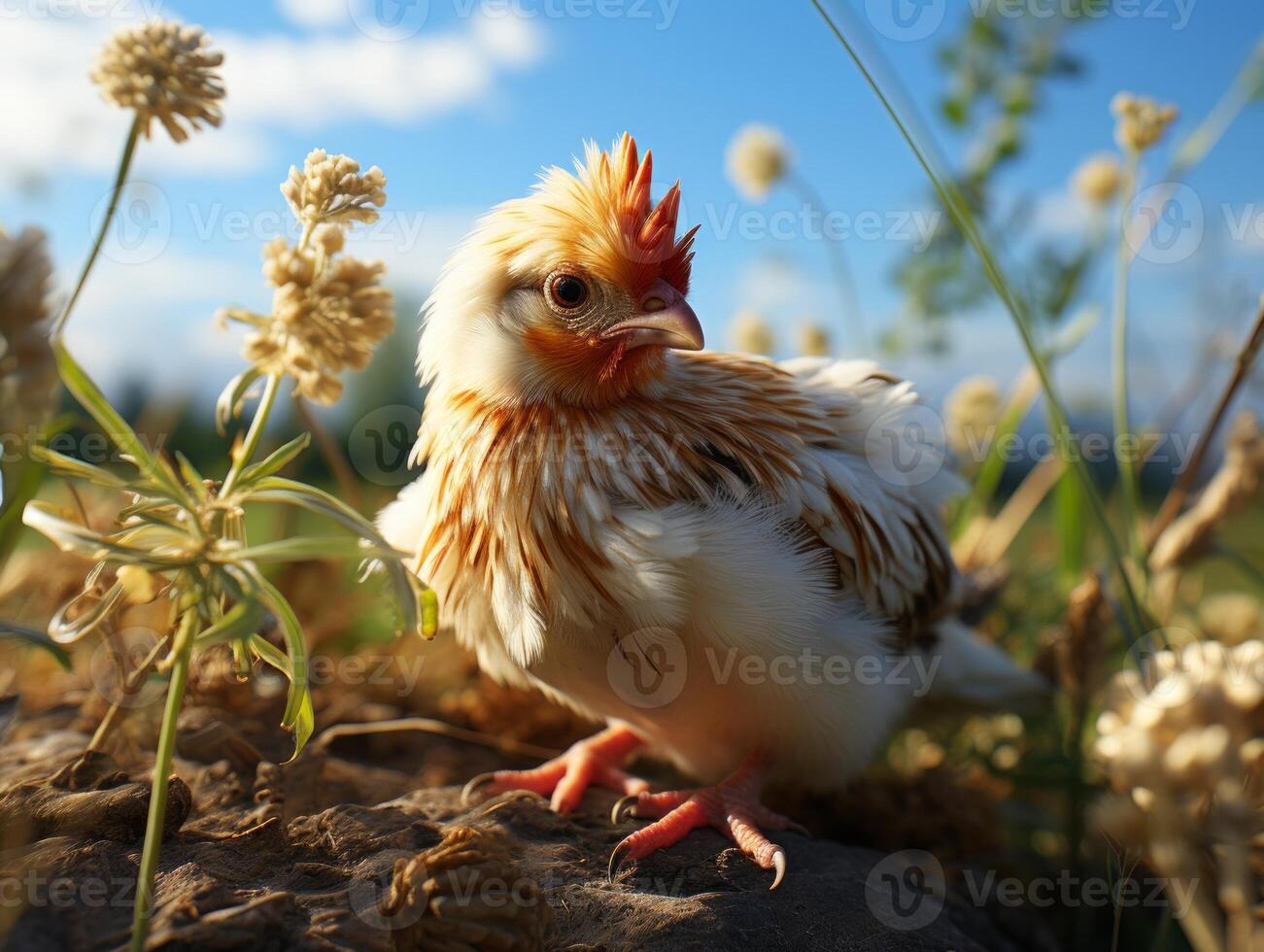 AI generated Chicken in the meadow on a background of wildflowers photo