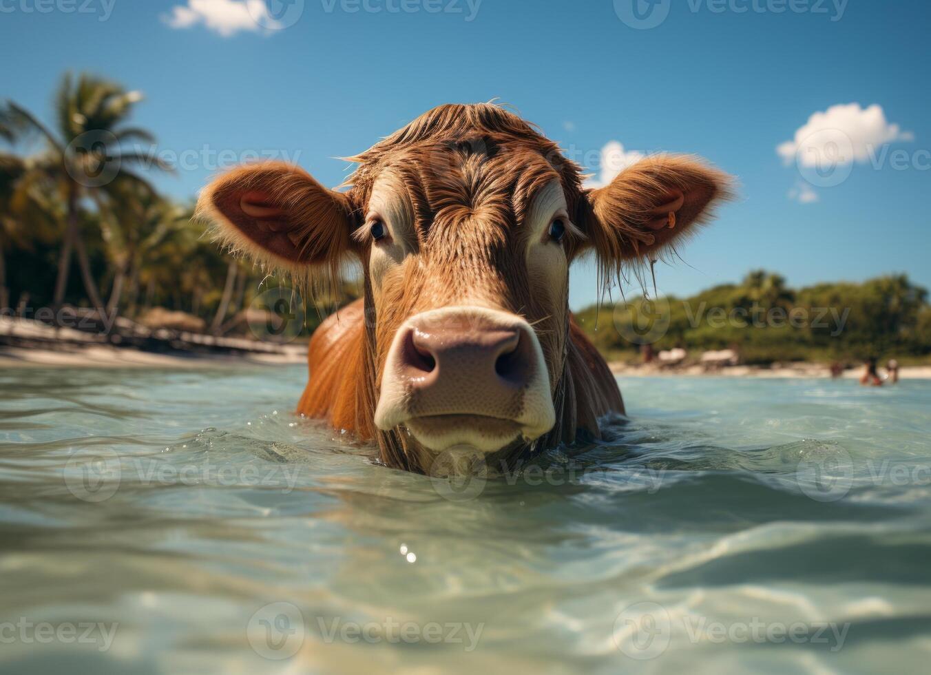 ai generado linda rojo vaca nadando en el mar agua con azul cielo antecedentes foto