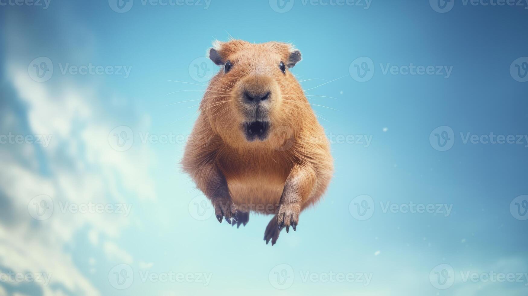 AI generated Flying cute capybara character on blue sky background. photo