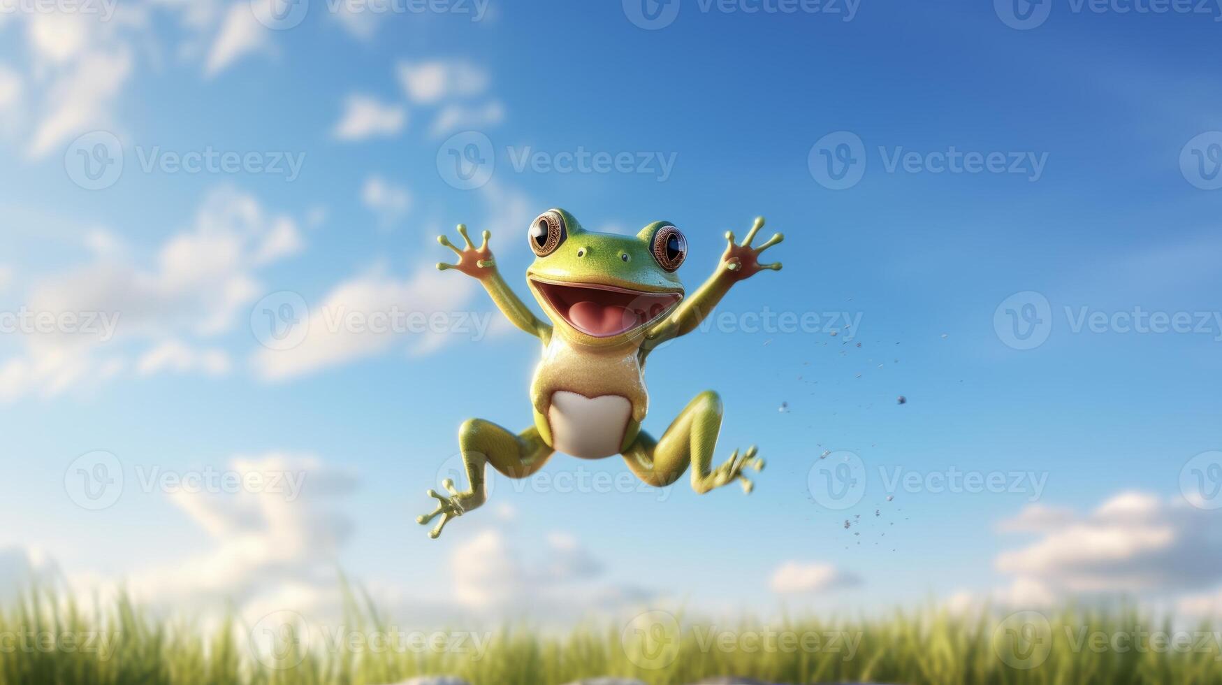 AI generated Flying cute little frog character on blue sky background. photo