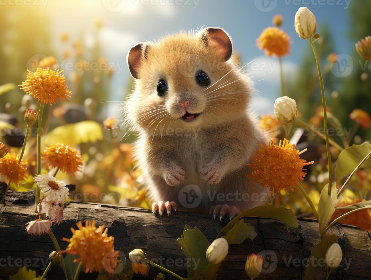 AI generated Hamster sits on a branch in the grass in a meadow photo