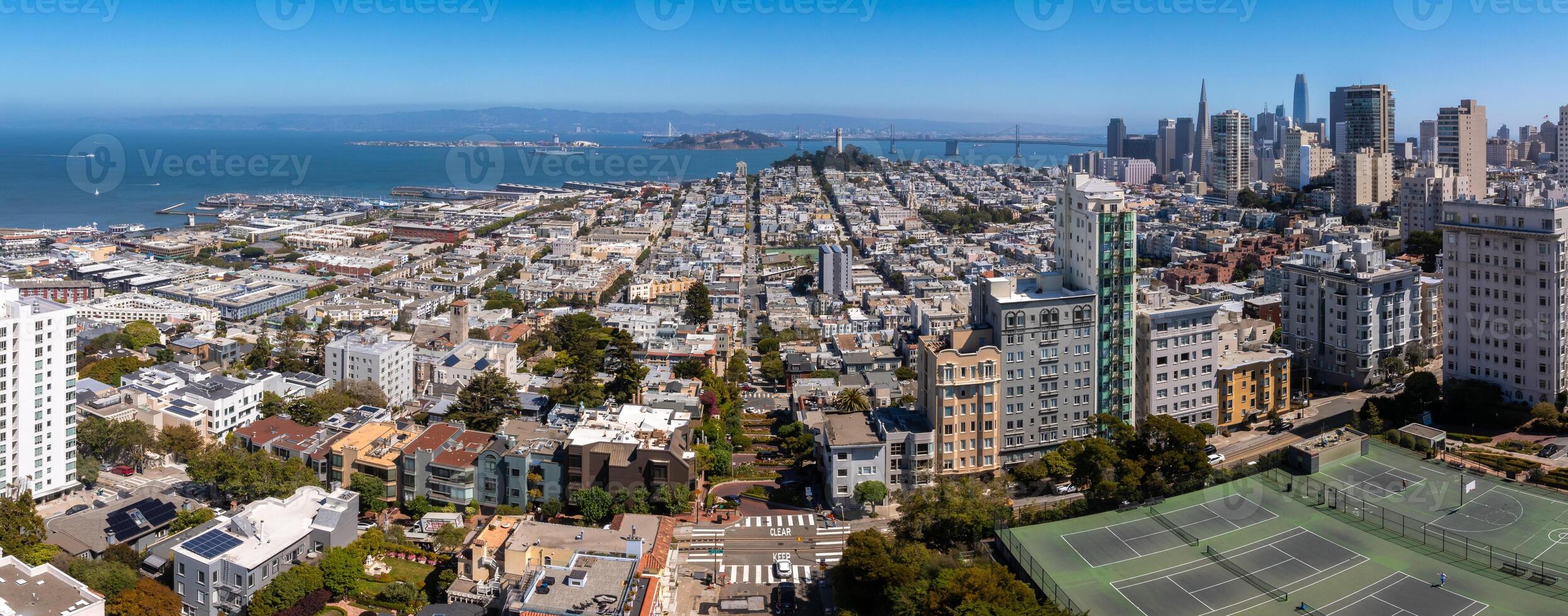 Panoramic view of aerial Lombard Street, an east west street in San Francisco, California. photo