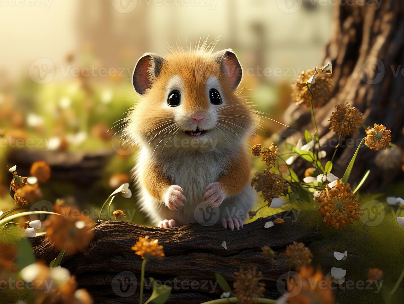AI generated Hamster sits on a branch in the grass in a meadow photo