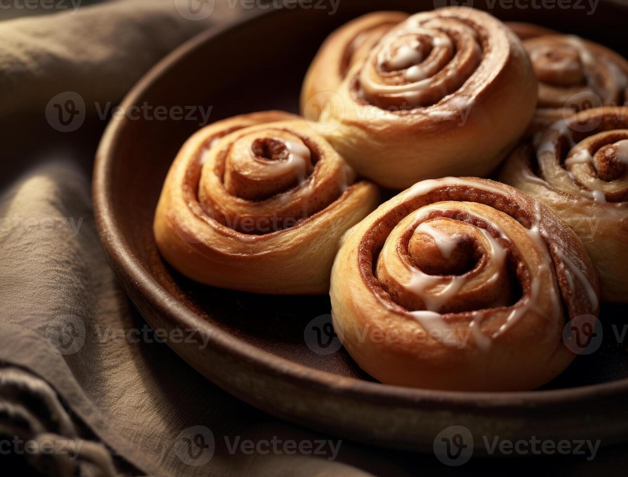 AI generated Freshly baked cinnamon rolls on rustic kitchen photo