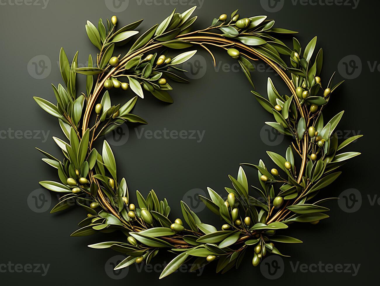 AI generated Nature wreath with green leaves and olives on black background photo