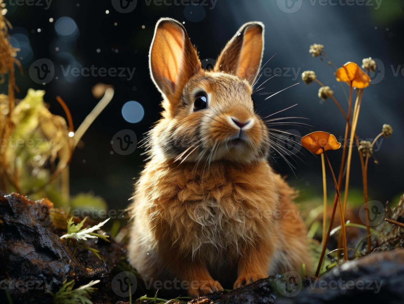AI generated Cute little rabbit in the garden at sunset close up photo