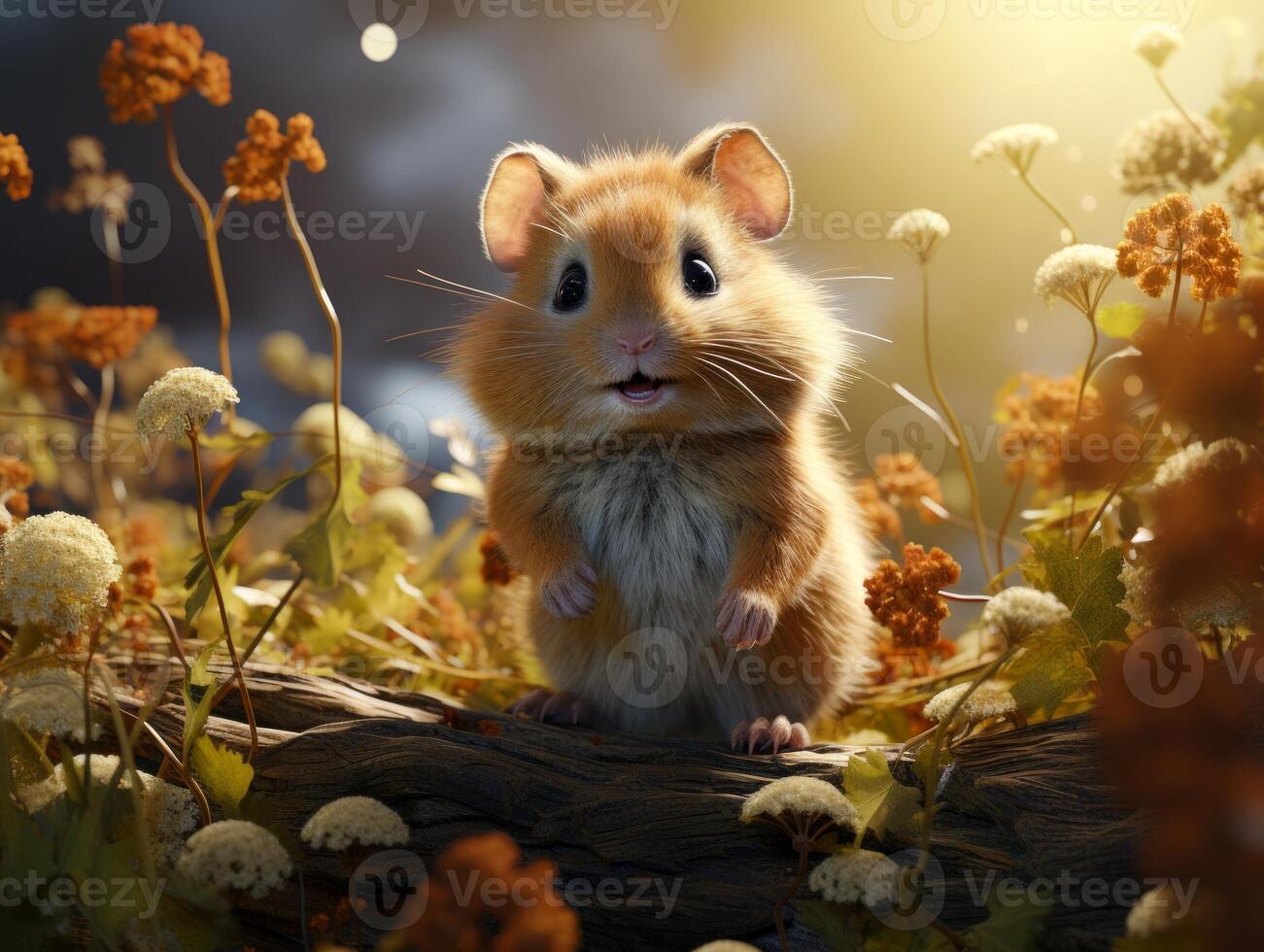 AI generated Hamster sits on a branch in the grass in a meadow photo