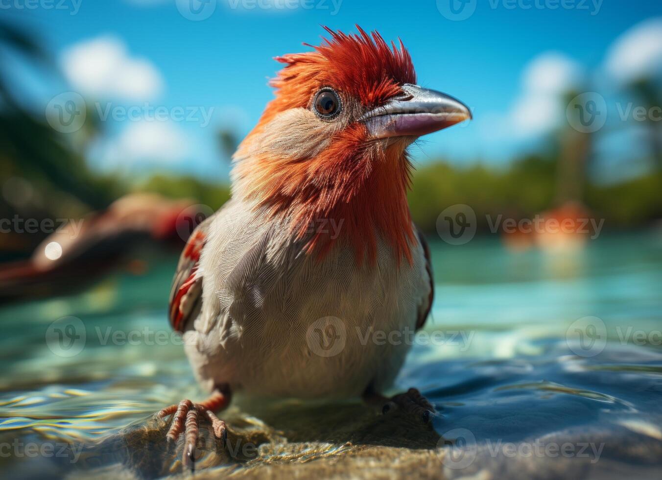 Red headed cardinal bird on the shore of the Mediterranean Sea photo