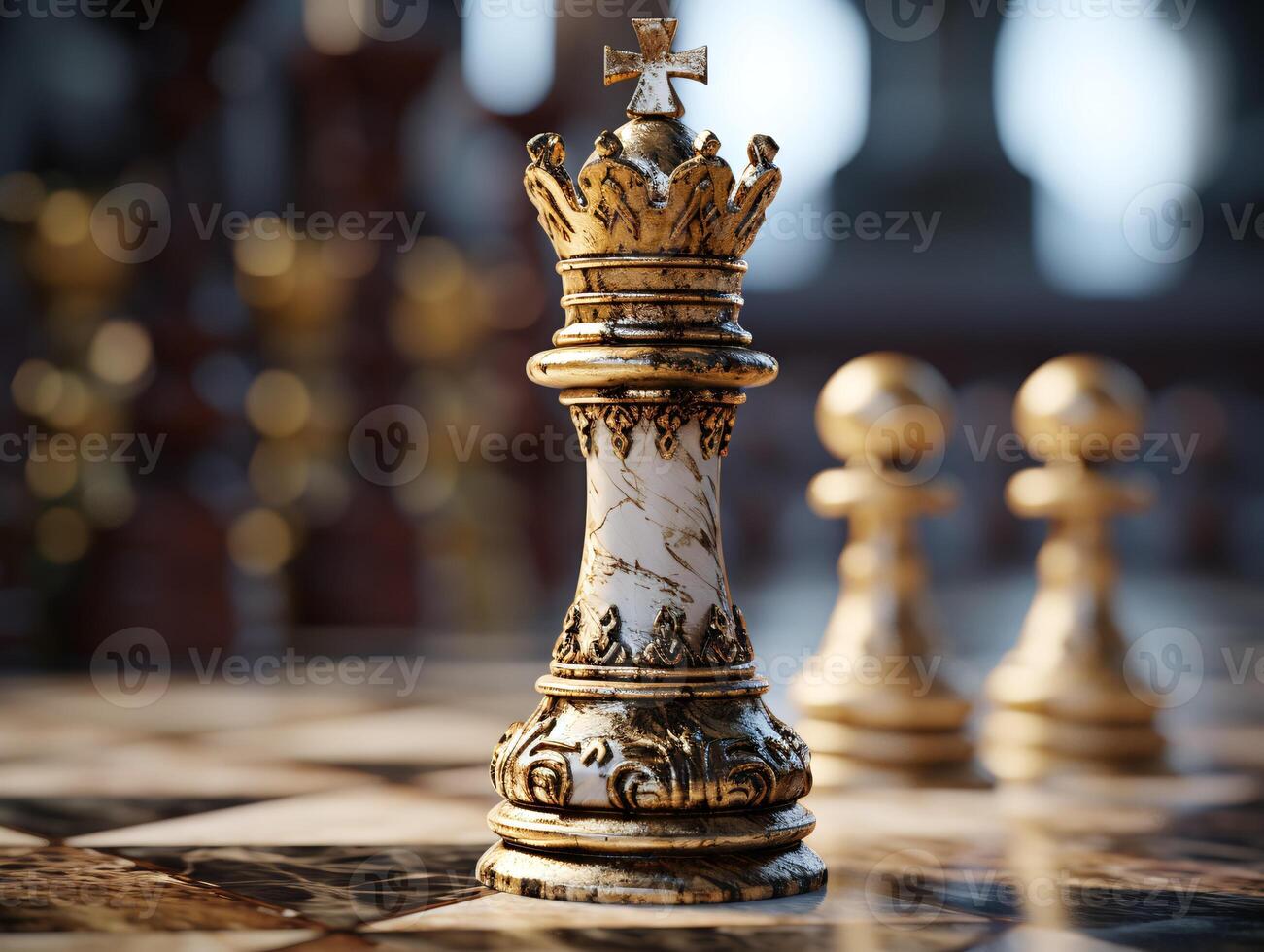 AI generated Chess on a chessboard, business concept of success and leadership photo