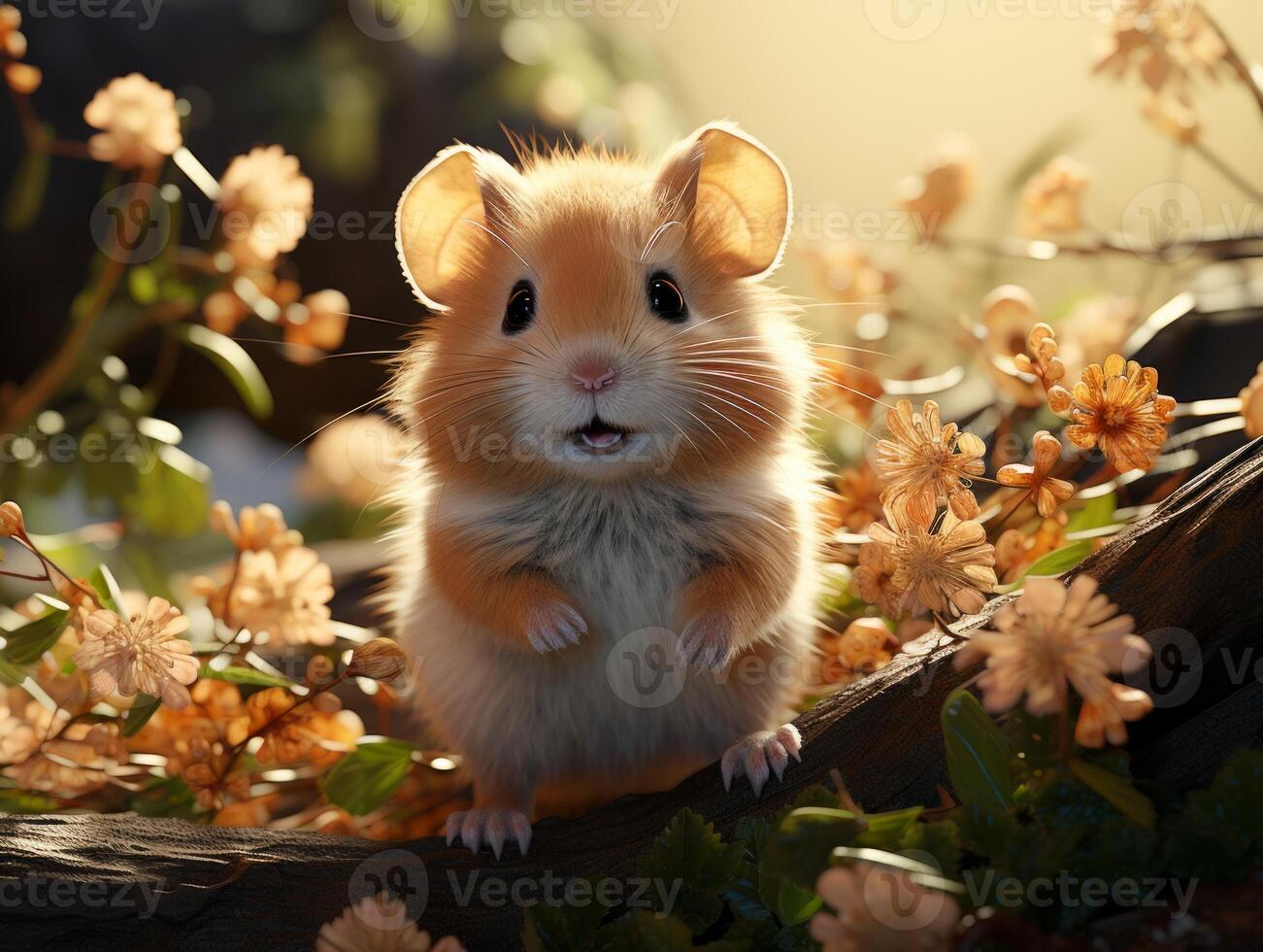 AI generated Hamster sits on a branch in the grass in a meadow photo