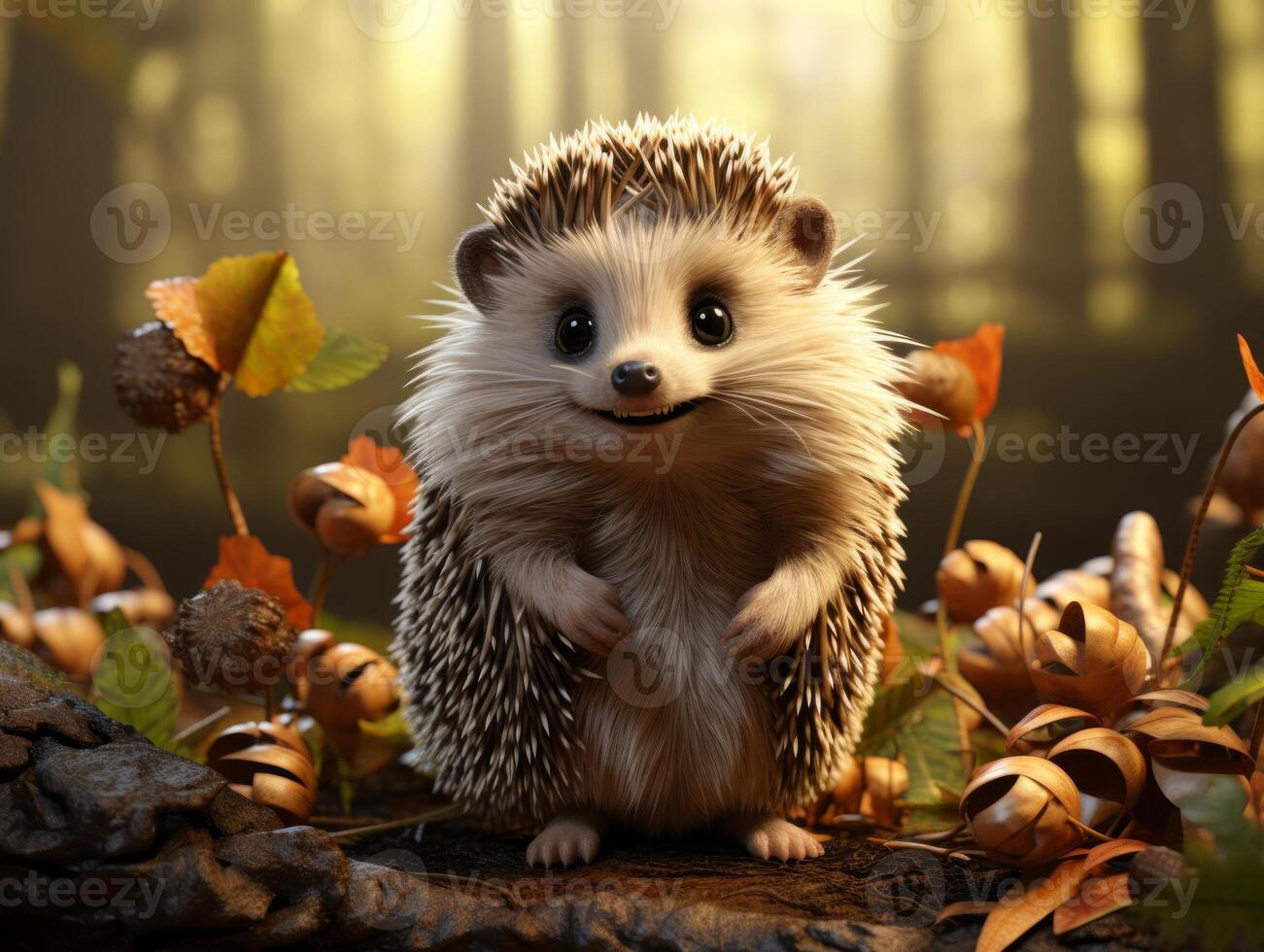 AI generated Cute hedgehog in the forest on a background of autumn leaves photo
