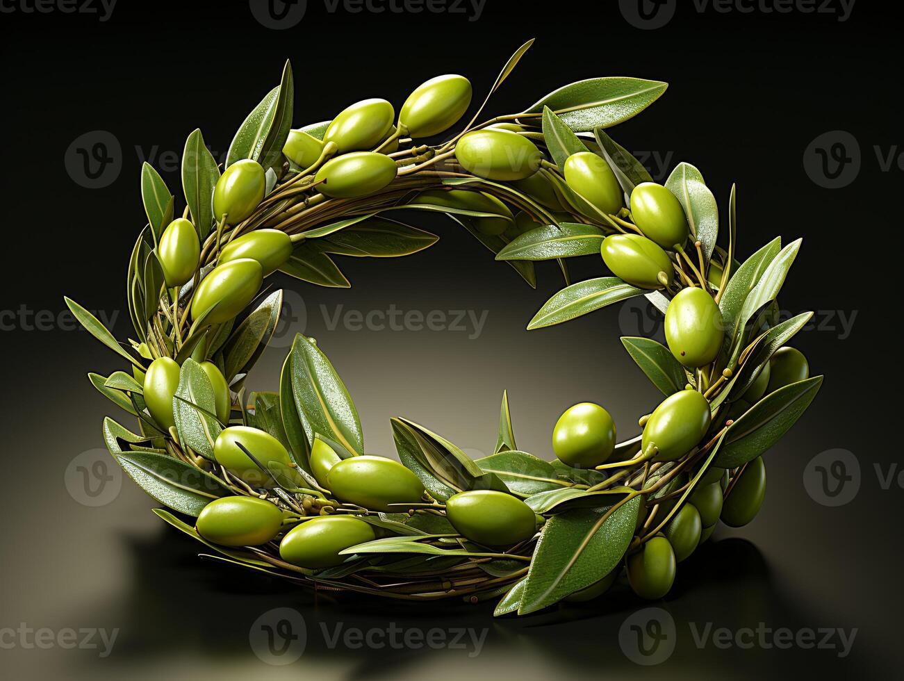 AI generated Nature wreath with green leaves and olives on black background photo