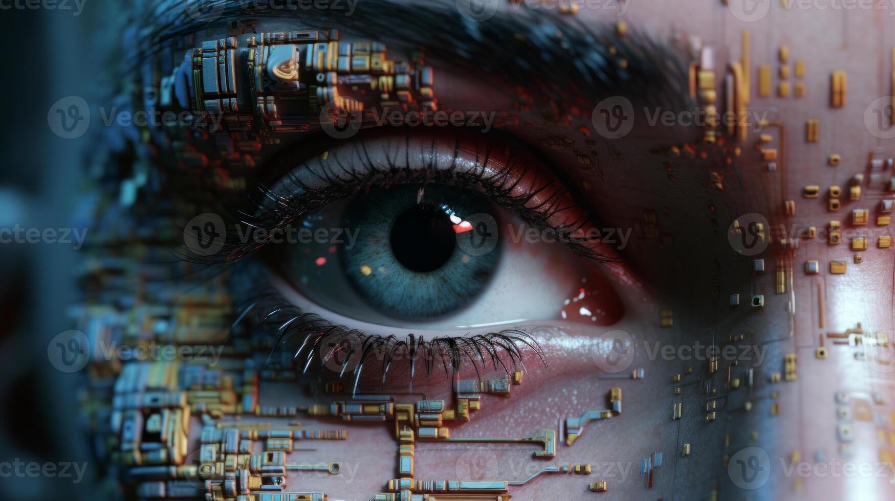 ai generado artificial inteligencia concepto. cerca arriba de humano ojo con circuito tablero. foto