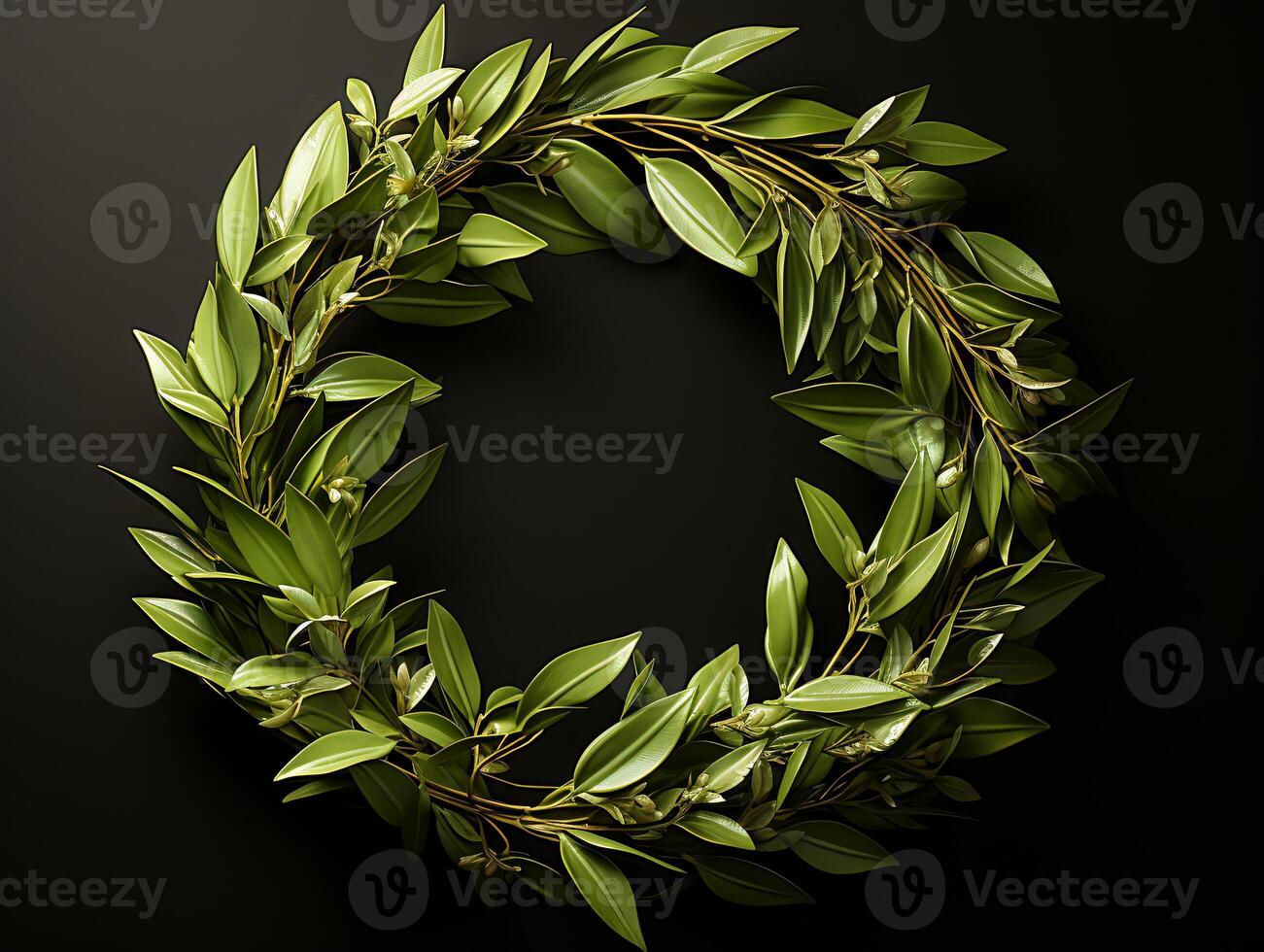 AI generated Nature wreath with green leaves and olives on black background photo