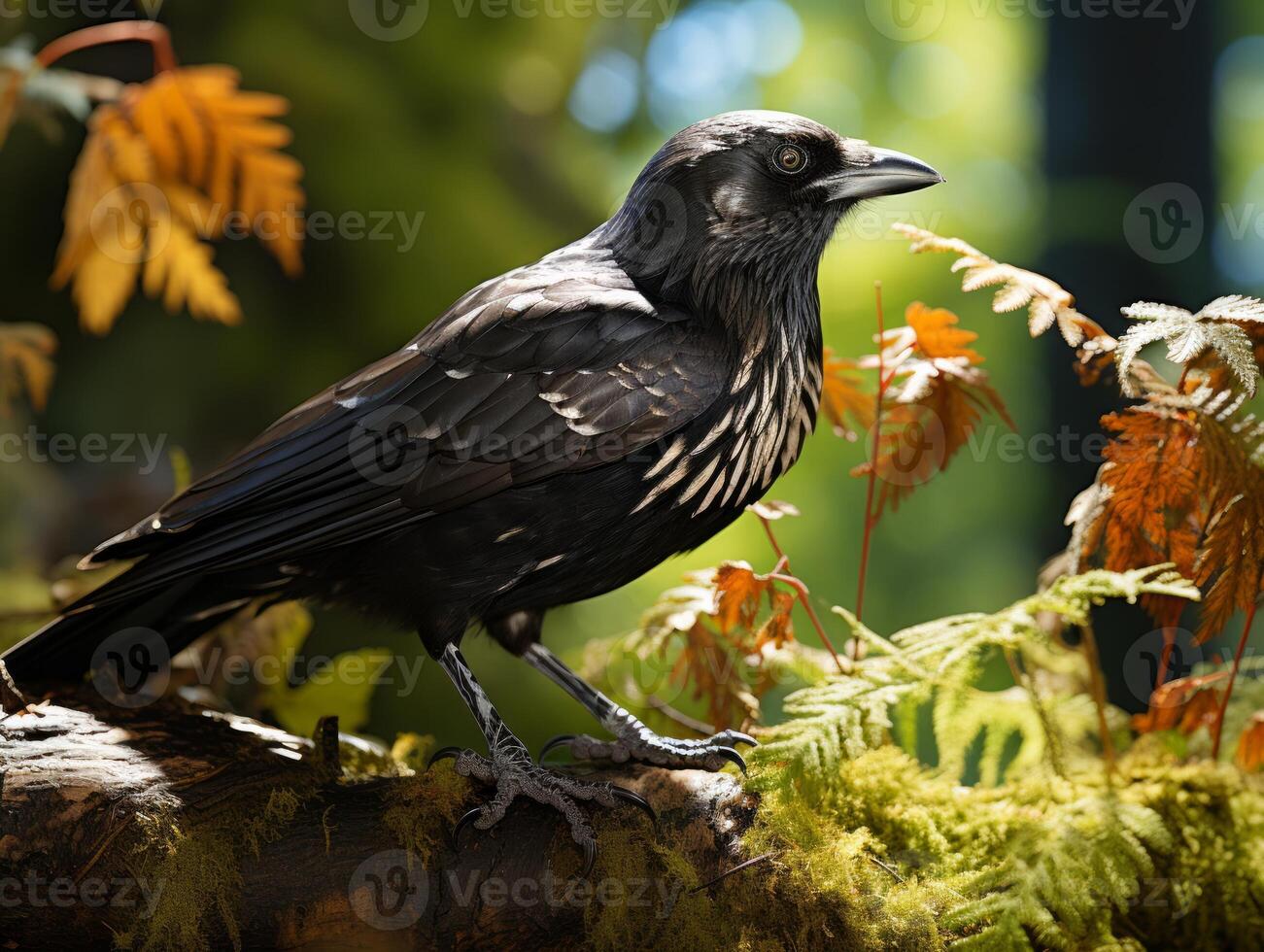 Raven perched on a branch in the forest photo