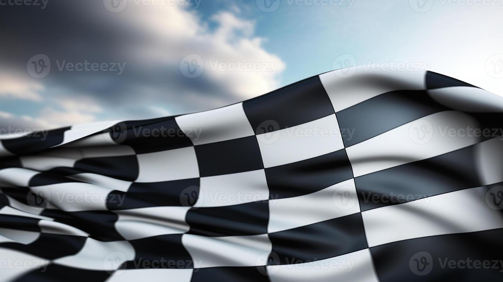 AI generated Race flag waving in the wind over asphalt road with cloudy sky background photo