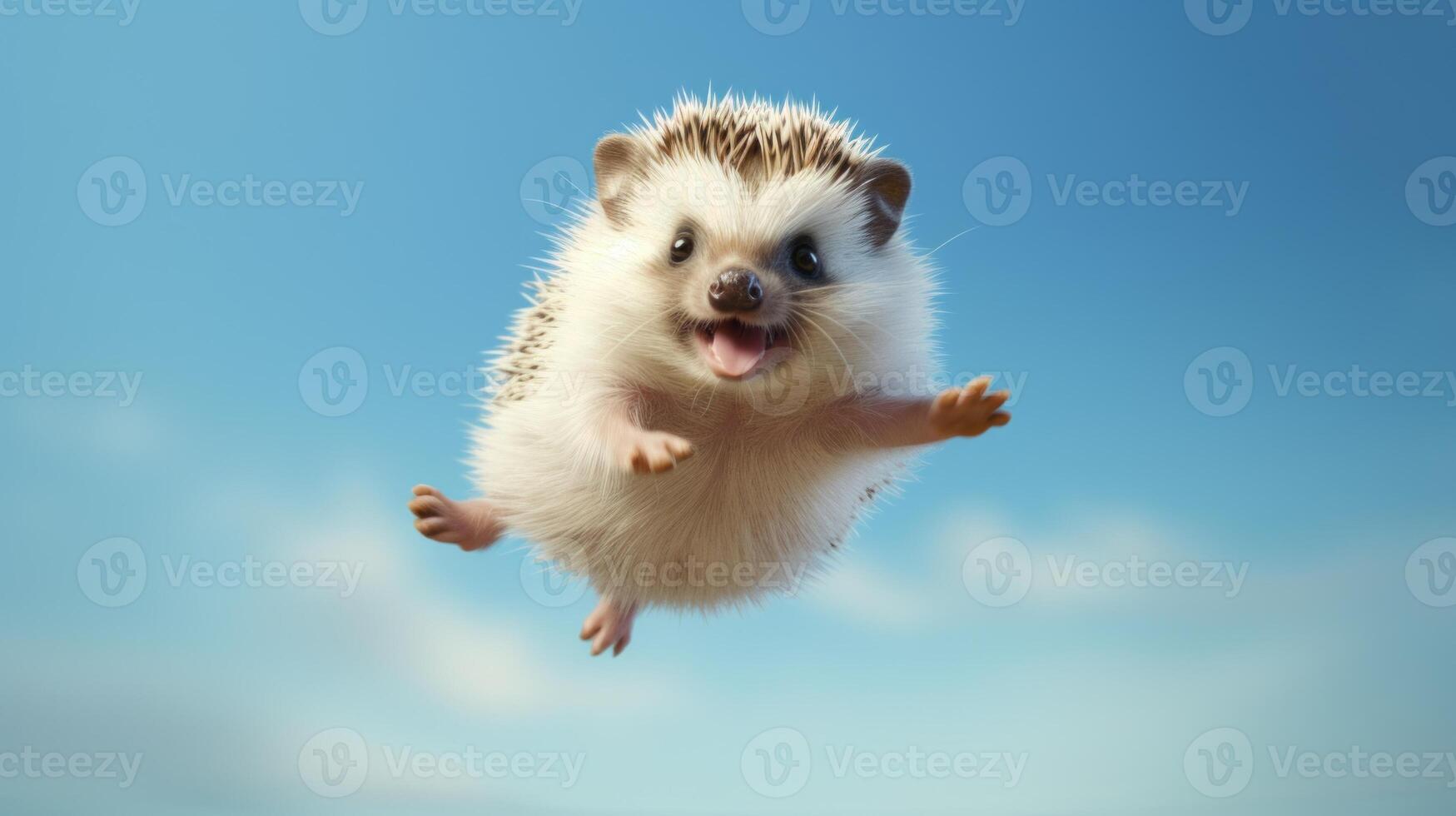 ai generado volador linda pequeño erizo personaje en azul cielo antecedentes. foto