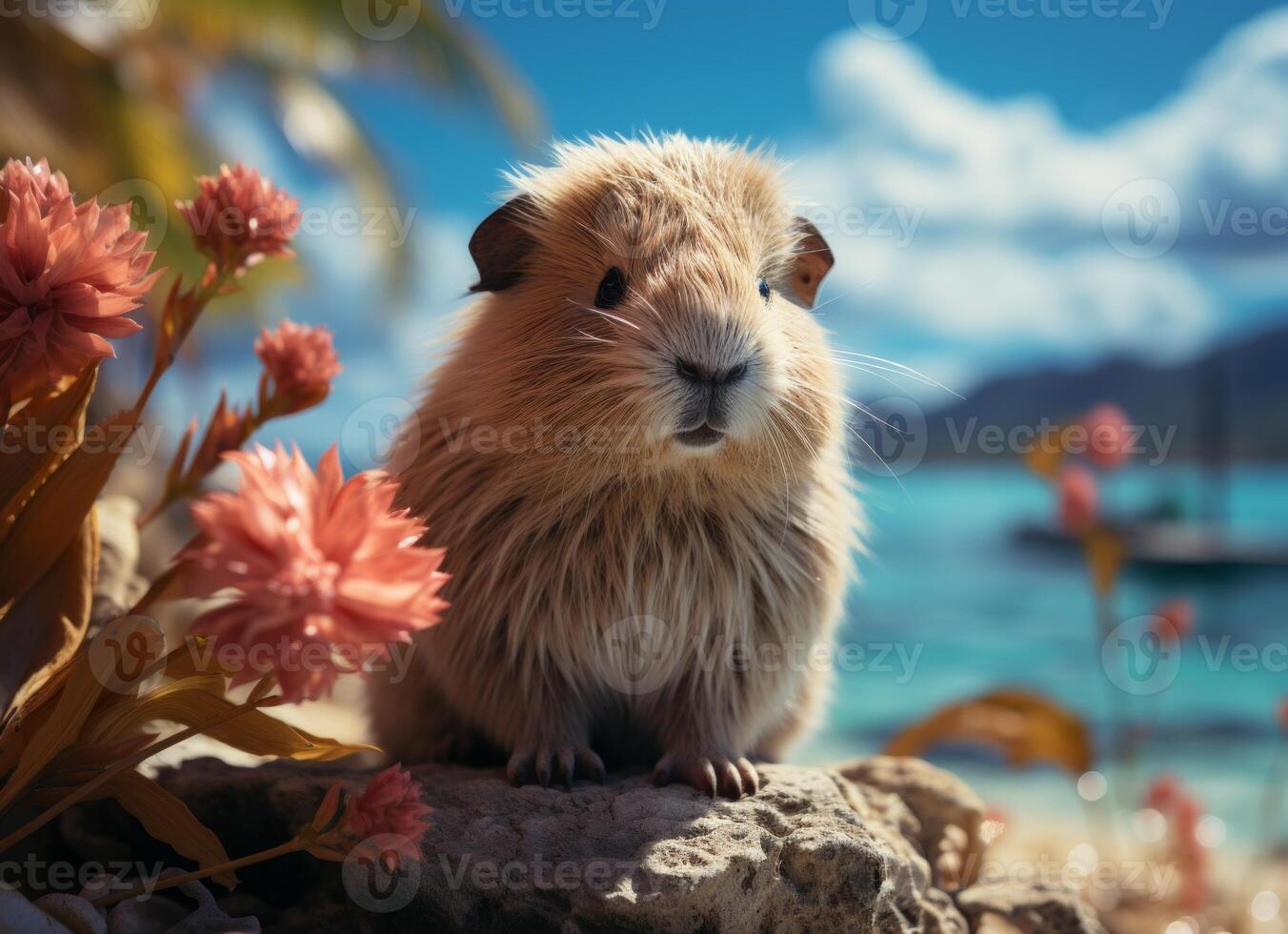 AI generated Hamster on the beach with flowers and blue sky in background. photo