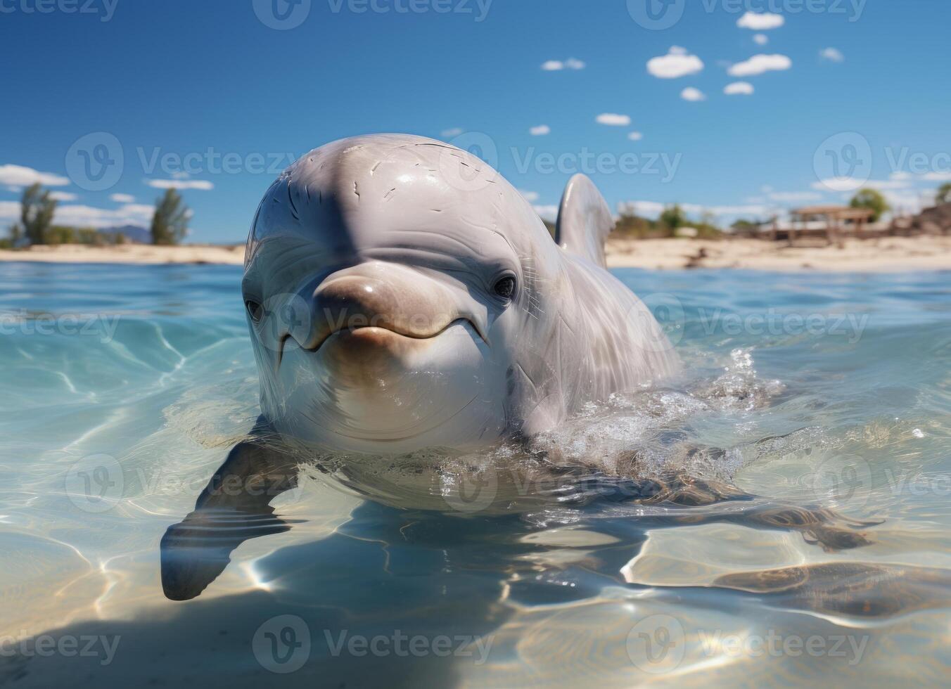 AI generated Dolphin swims in the sea with splashes of water. photo