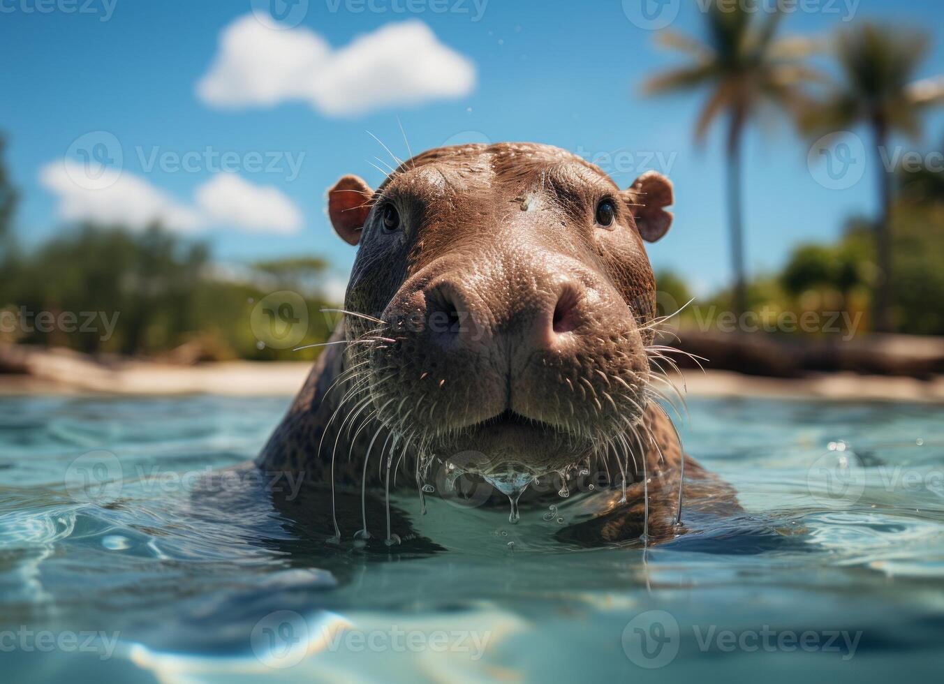 Portrait of a hippopotamuss swimming in tropical sea photo