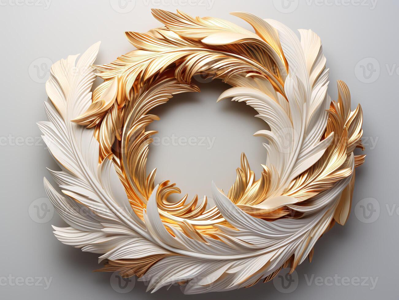 AI generated Beautiful golden and white feathers on a white background. photo