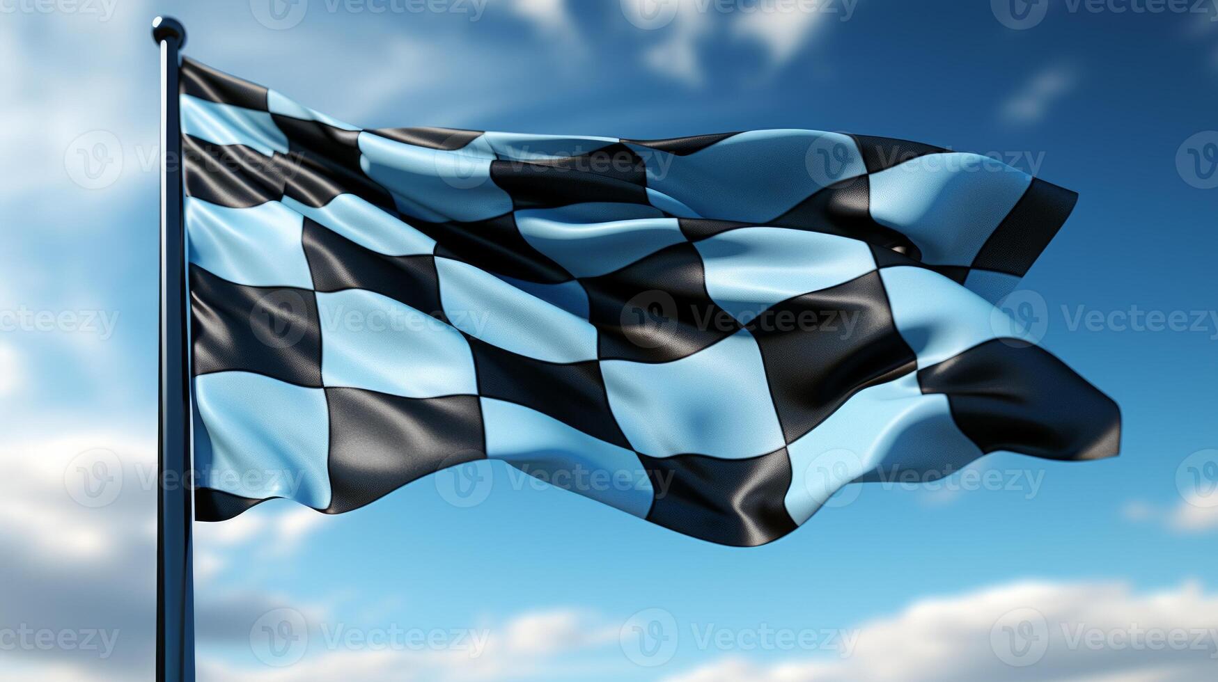 AI generated Race flag waving in the wind over asphalt road with cloudy sky background photo