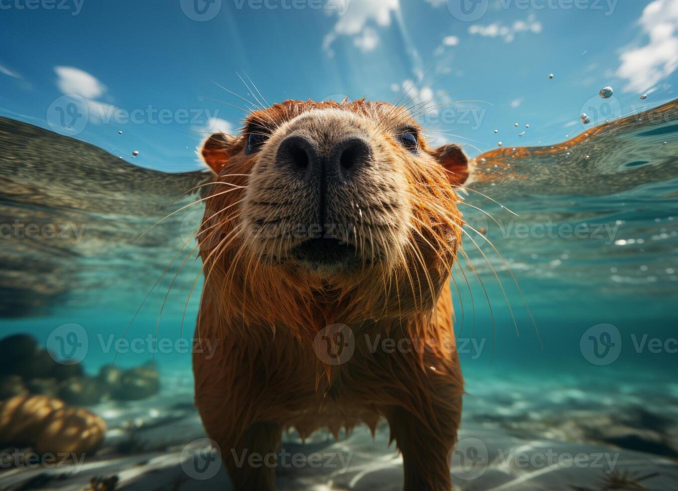AI generated Portrait of capybara swimming in tropical sea photo