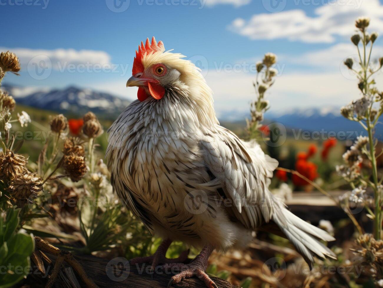 AI generated Chicken in the meadow on a background of wildflowers photo