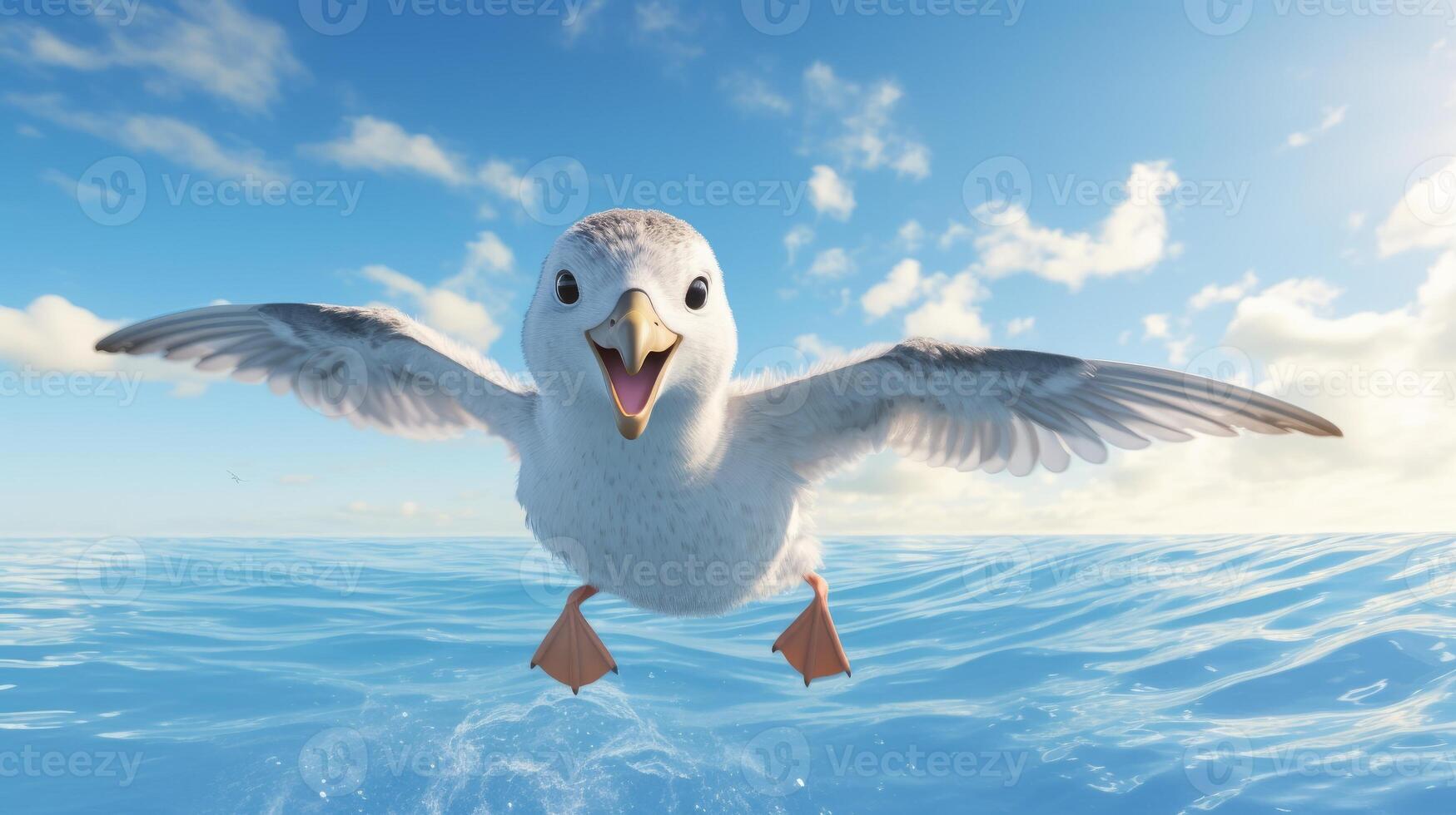 AI generated Flying seagull on blue sky background. photo