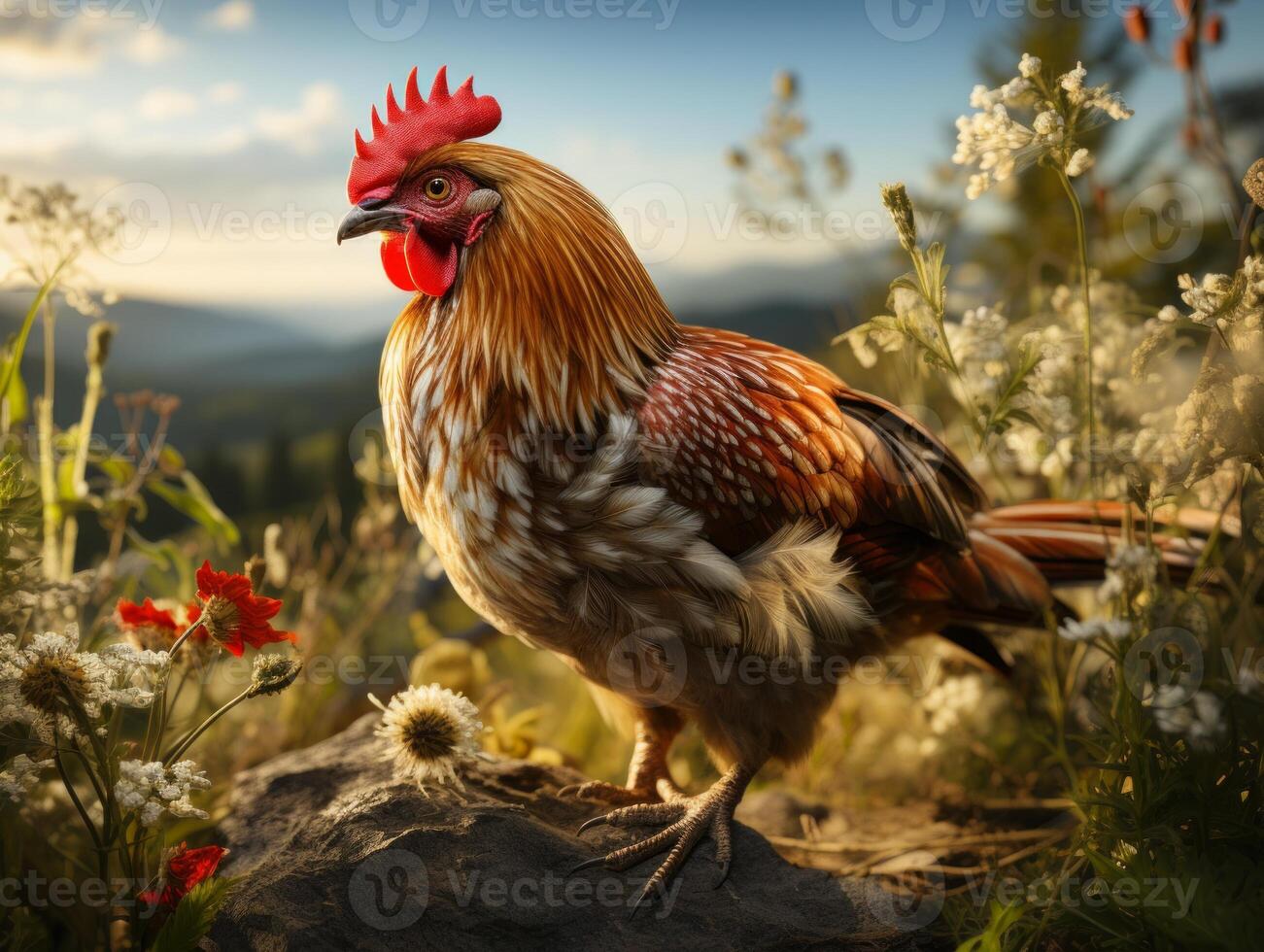 AI generated Chicken in the meadow on a background of wildflowers photo