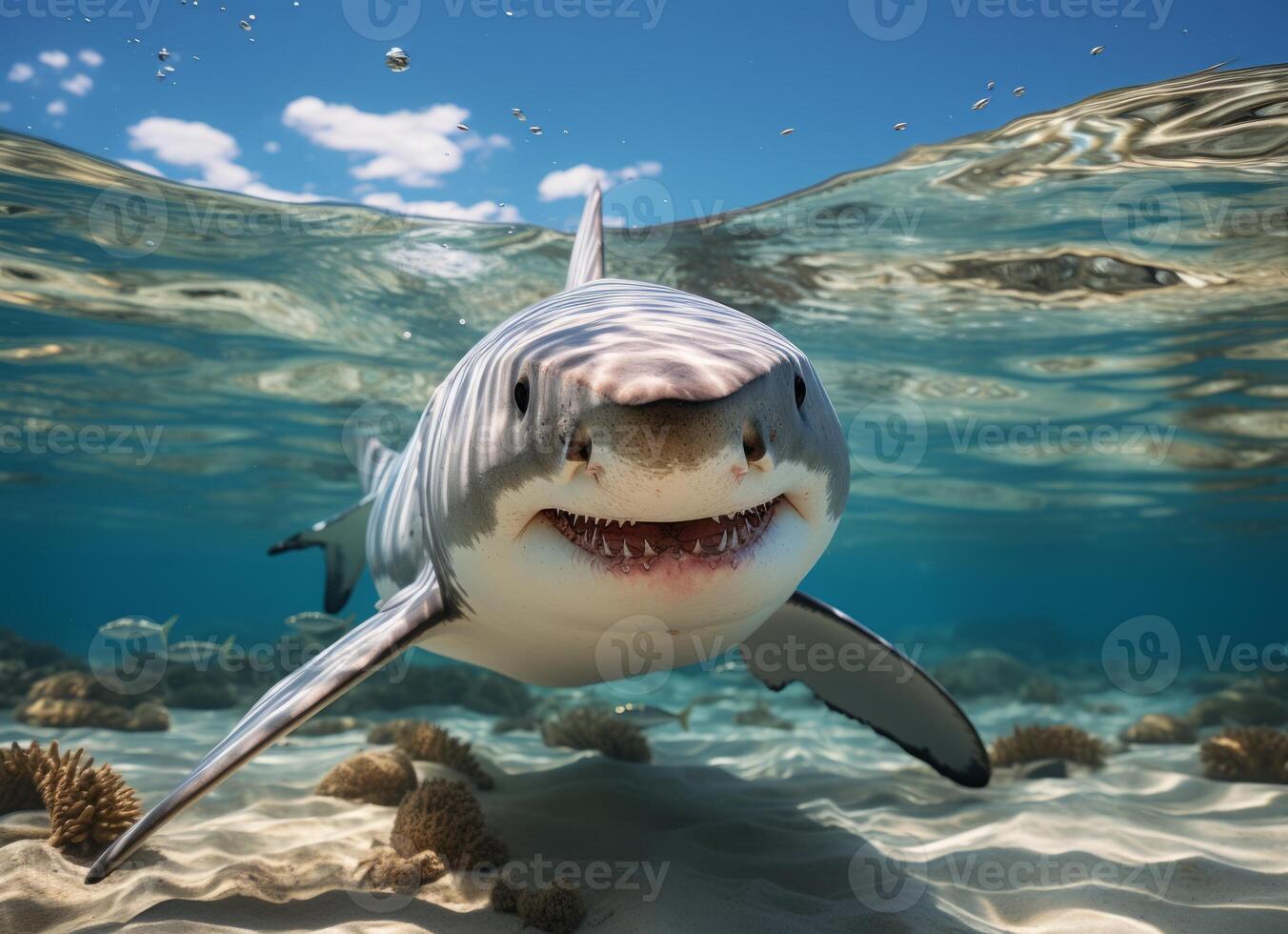AI generated Shark swims in the sea with splashes of water. photo