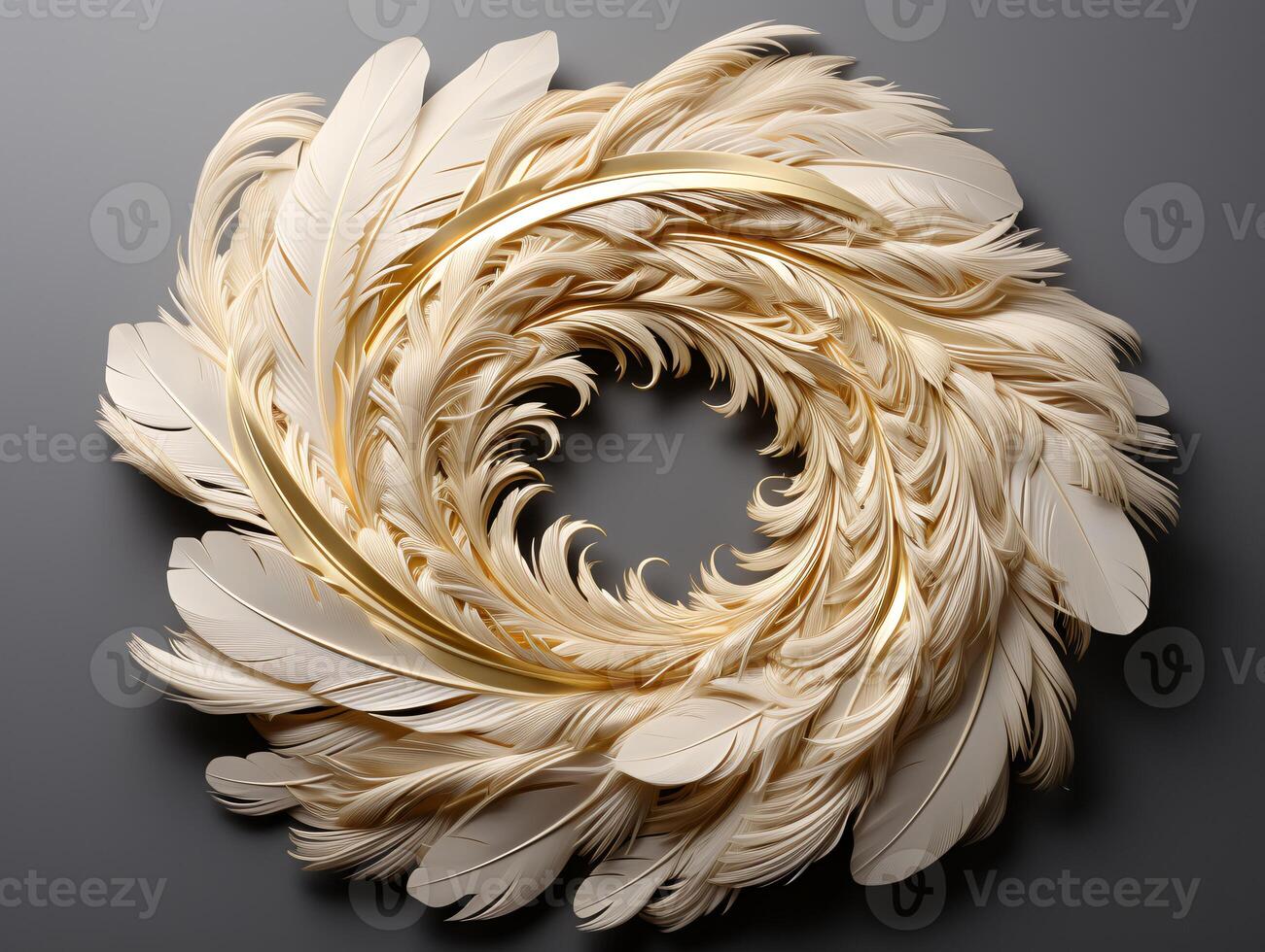 AI generated Beautiful golden and white feathers on a white background. photo