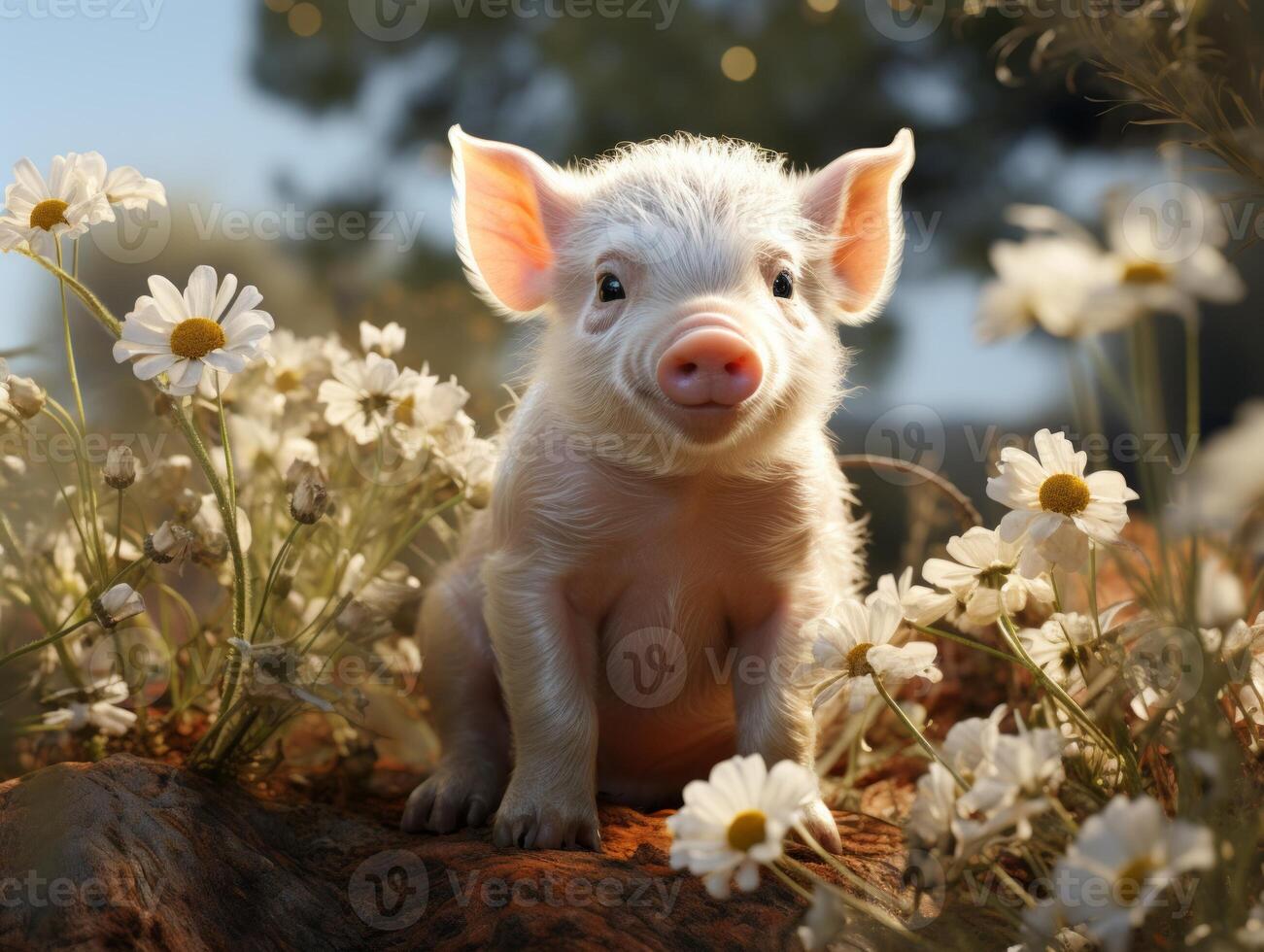 Little piglet in the grass on a background of the blue sky photo