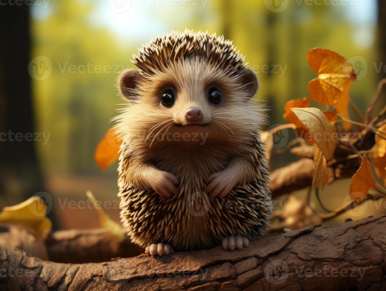 AI generated Cute hedgehog in the forest on a background of autumn leaves photo