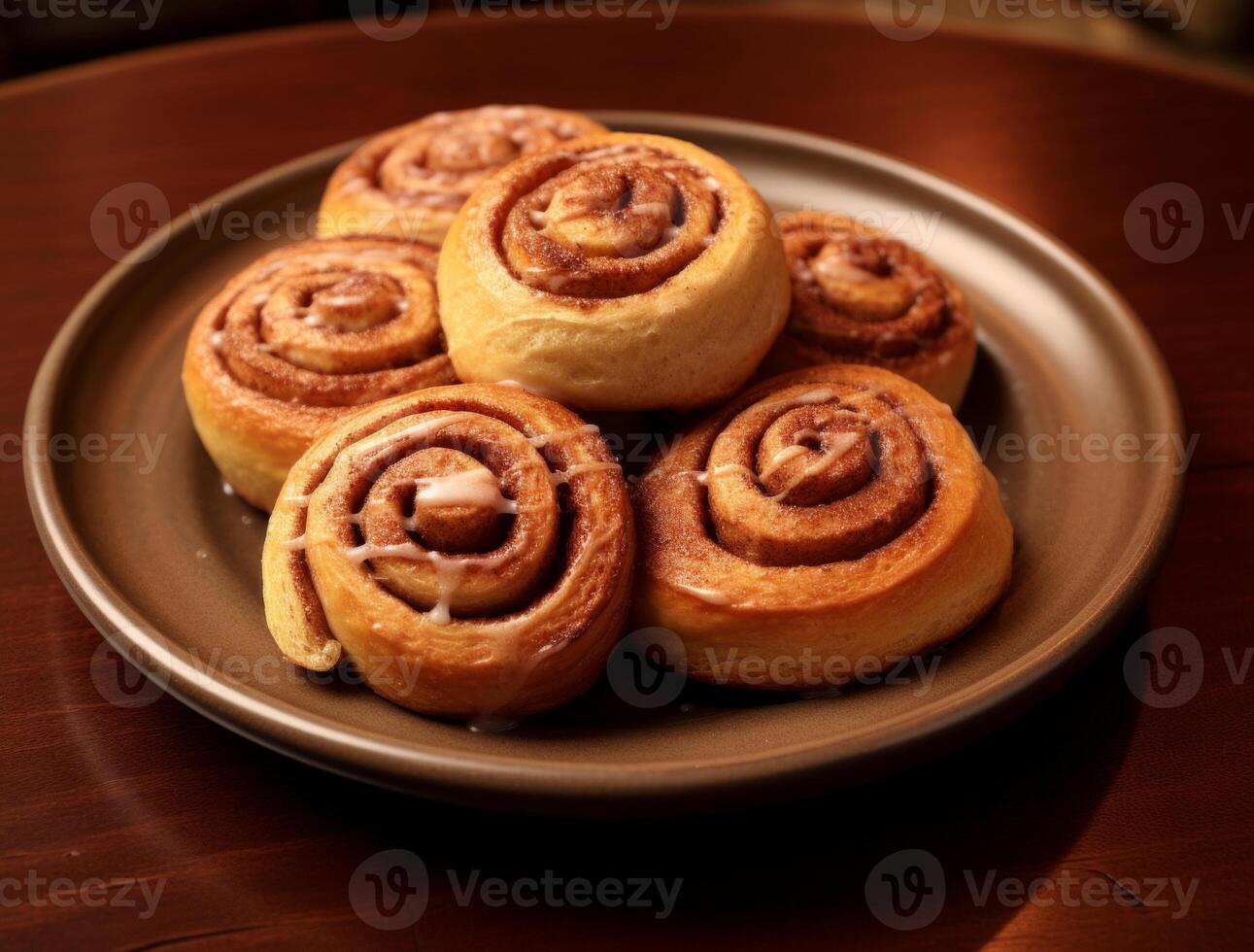 AI generated Freshly baked cinnamon rolls on rustic kitchen photo