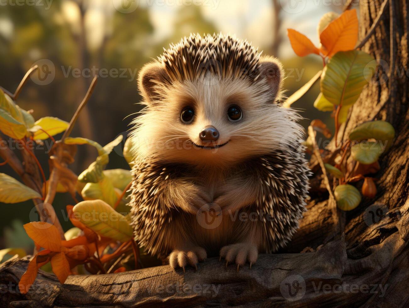 AI generated Cute hedgehog in the forest on a background of autumn leaves photo