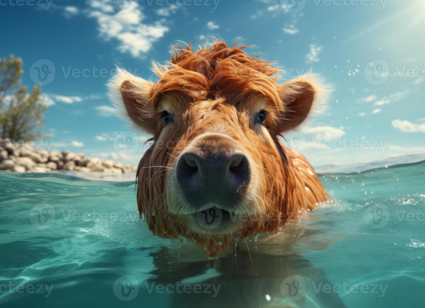 Cute red cow swimming in the sea water with blue sky background photo