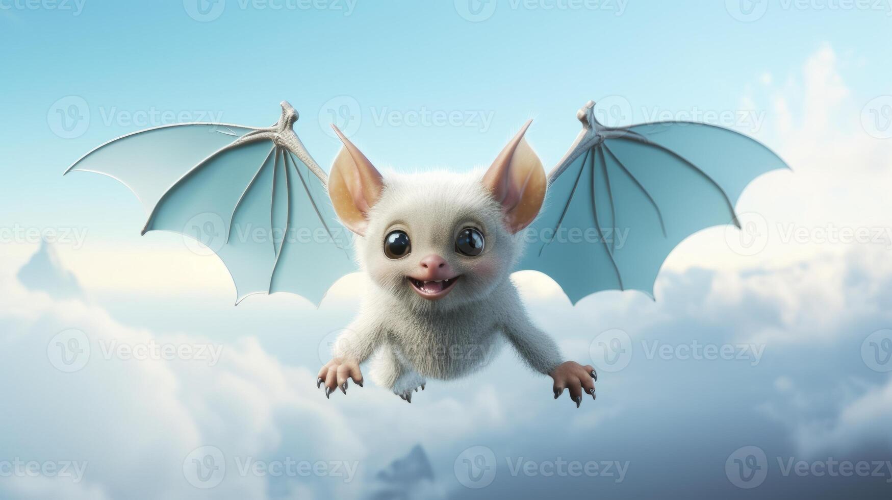 AI generated Flying cute bat character on blue sky background. photo