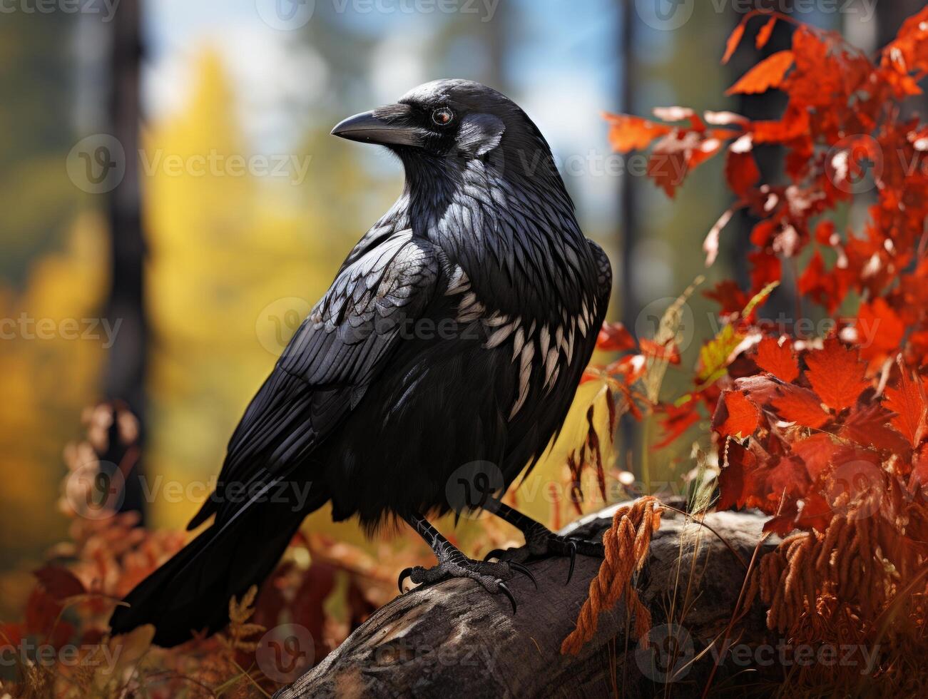 Raven perched on a branch in the forest photo