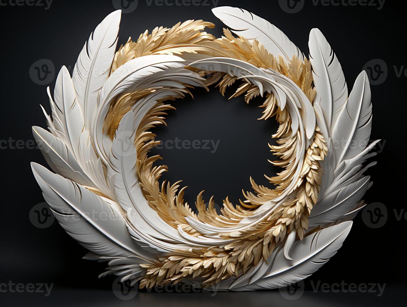 AI generated Beautiful golden and white feathers on a black background. photo