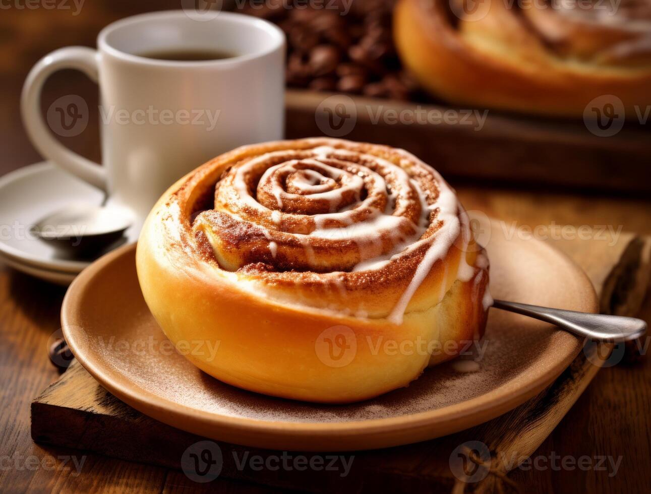 AI generated Freshly baked cinnamon rolls on rustic kitchen photo