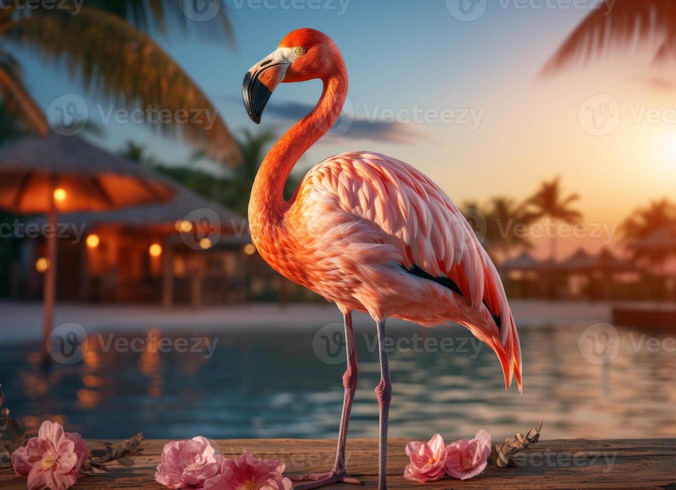 AI generated Pink flamingo standing in the water on a beautiful tropical beach. photo